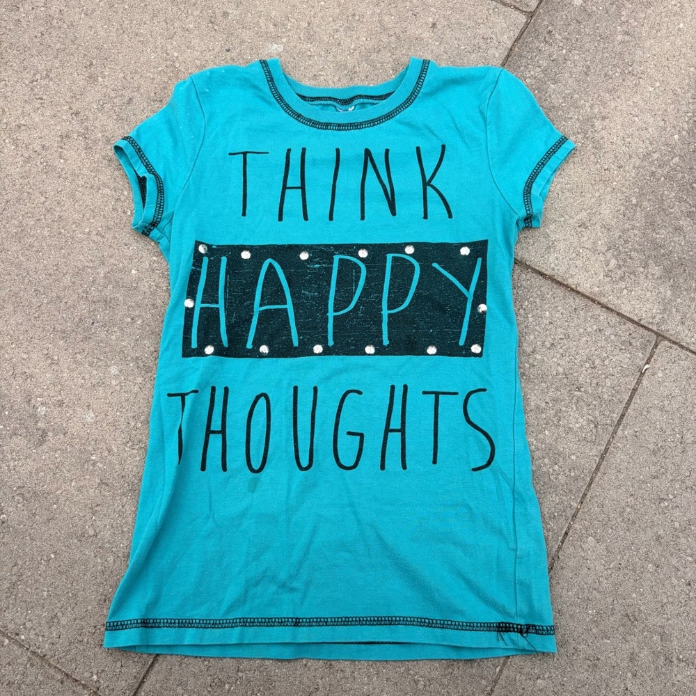 Think Happy Thoughts Teal Blue Graphic Tee Short Sleeve Studded Top Womens XS